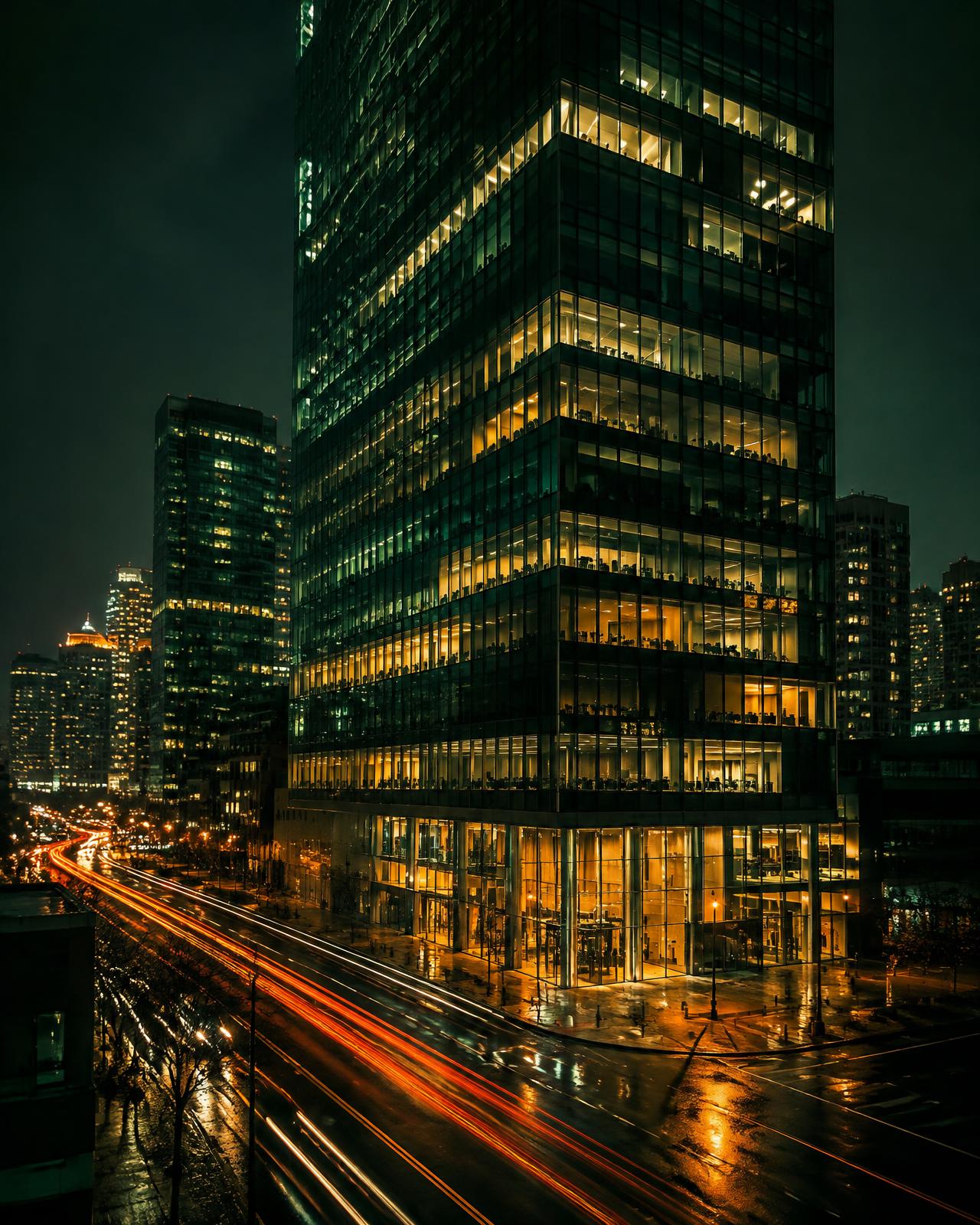 Glass and steel office tower at night with light trails